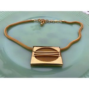 Vintage 1970s Square Pendant Mesh Choker Necklace Goldtone